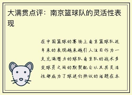 大满贯点评：南京篮球队的灵活性表现