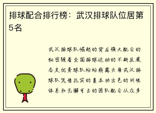 排球配合排行榜：武汉排球队位居第5名