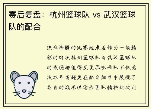 赛后复盘：杭州篮球队 vs 武汉篮球队的配合