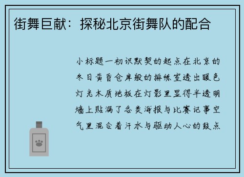 街舞巨献：探秘北京街舞队的配合
